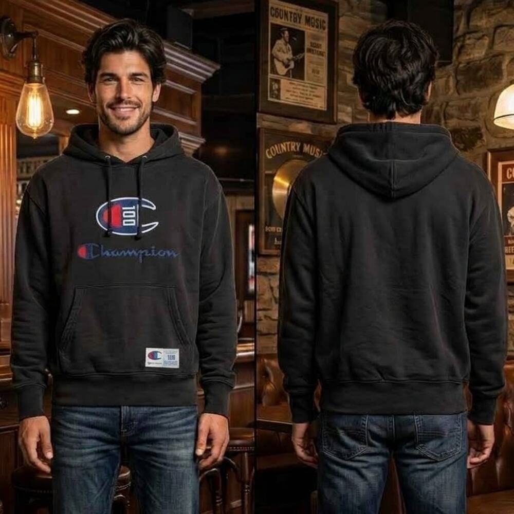 Champion Black Century Collection C100 Chenille Logo Hoodie Mens Large 42-44